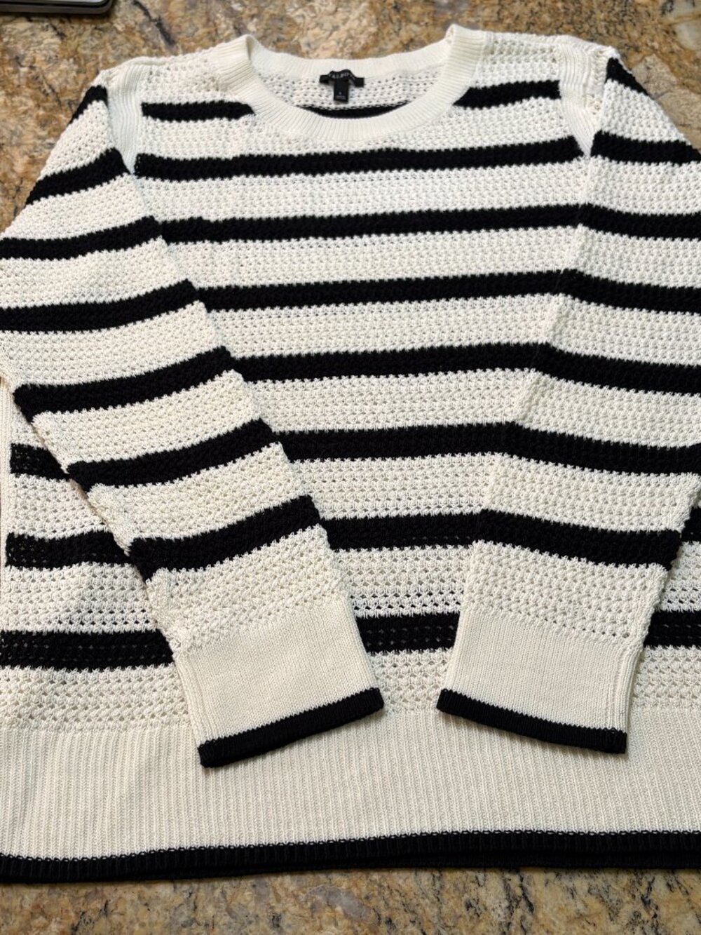 NWOT Talbots Black & Cream Striped Crew Neck Sweater Open-Knit  Sz L